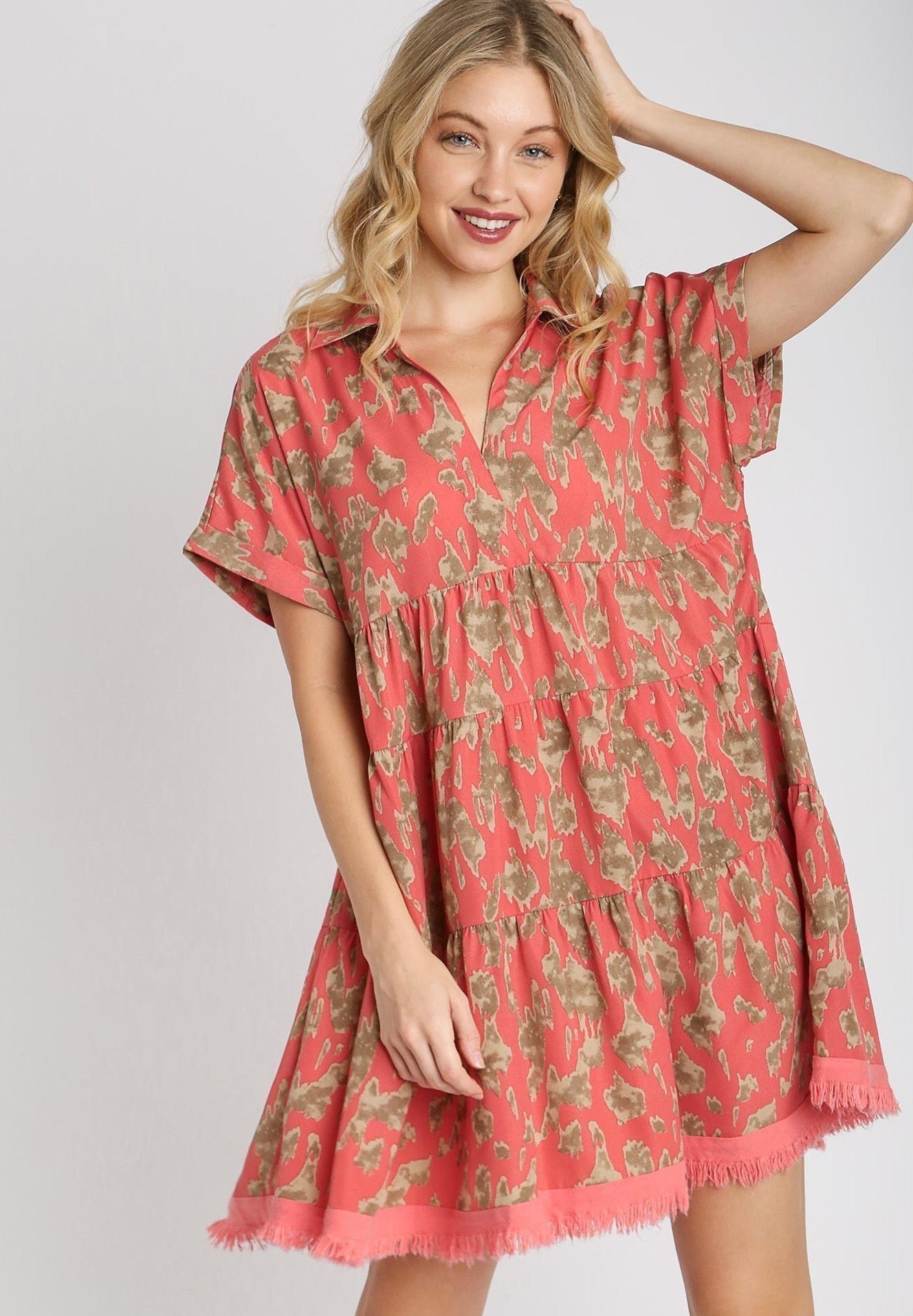Umgee Animal Print Tiered Dress in Coral