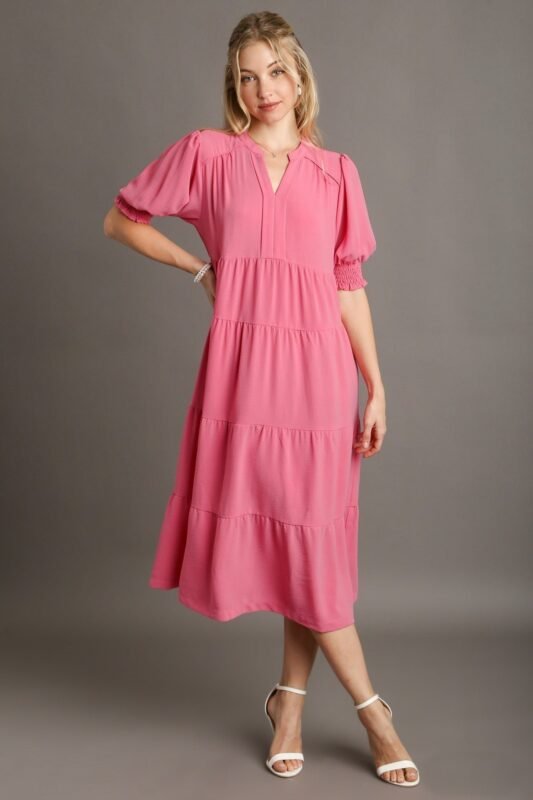 Umgee Solid Color A-Line Tiered Midi Dress with Piping Details in Rose Pink